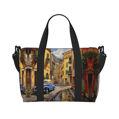 Turnbeutel mit italienischem Straßendruck für Damen, Wochenendtasche, Übernachtungstasche, persönliche Gegenstände, Schultertasche für Damen und Herren, Schwarz, Einheitsgröße von YaWea