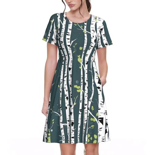 YaWea Beauty Birke Tree Print Damen Sommer Kurzes T-Shirt-Kleid Flügelärmel Rundhalsausschnitt Casual Loose Basic Midi Kleider, Schwarz, Groß von YaWea