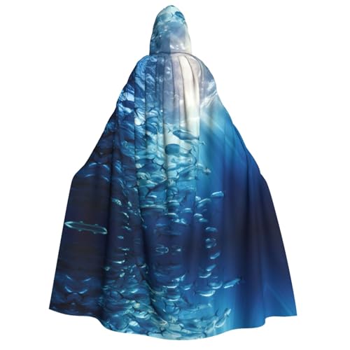 YaWea Blue Ocean Kapuzenumhang mit Unterwasserfisch-3-Druck, Renaissance-Umhang, Halloween-Kapuzenmantel, Mittelalter-Umhang, Cosplay-Umhang von YaWea