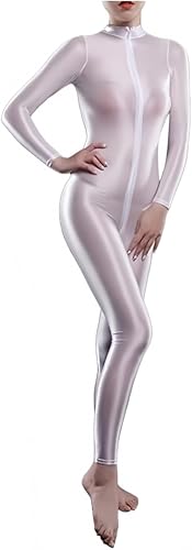 Yaaapiy Damen Ganzkörperanzug Yoga Jumpsuit Einteiler Hose Overall Halb-transparent Body Bodysuit eng sexy Kostüm Catsuit mit Reisverschluss Dessous (Weiß Blickdicht) von Yaaapiy