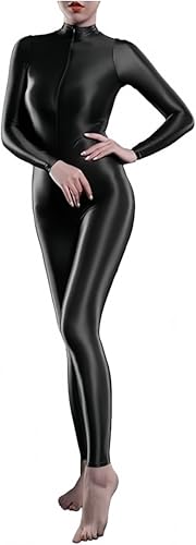 Yaaapiy Damen Glänzend Overalls Ganzkörper Anzug Body Einteiler Bodysuit Jumpsuit Glossy Glatt Strupmhose Leggings Unterwäsche Langarm mit Reißverschluss (schwarz) von Yaaapiy