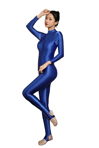 Yaaapiy Damen Glänzend Overalls Ganzkörper Anzug Body Einteiler Bodysuit Jumpsuit Glossy Glatt Strumpfhose Leggings Füßling Unterwäsche Langarm mit Reißverschluss (Blau, L) von Yaaapiy