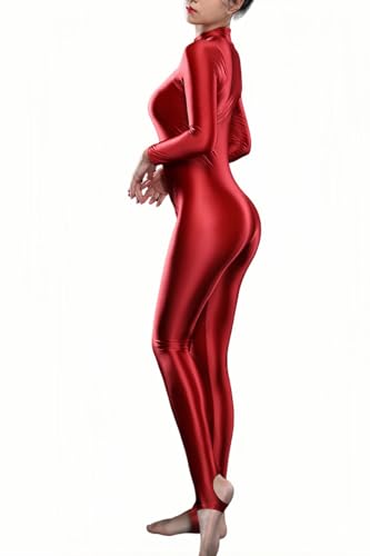 Yaaapiy Damen Glänzend Overalls Ganzkörper Anzug Body Einteiler Bodysuit Jumpsuit Glossy Glatt Strumpfhose Leggings Füßling Unterwäsche Langarm mit Reißverschluss (Rot, M) von Yaaapiy