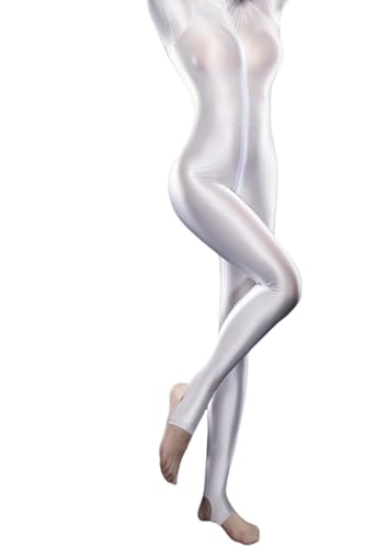 Yaaapiy Damen Glänzend Overalls Ganzkörper Anzug Body Einteiler Bodysuit Jumpsuit Glossy Glatt Strumpfhose Leggings Füßling Unterwäsche Langarm mit Reißverschluss (Weiß Blickdicht, L) von Yaaapiy