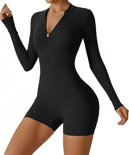Yaaapiy Damen Sport Jumpsuit Kurz Eng Yoga Bodysuit Overall Langarm/Kurzarm V-Ausschnitt Playsuits mit Reißverschluss Einteiliger Bodycon Strampler Ganzkörperanzug,Langarm-Kohlenschwarz (schwarz, M) von Yaaapiy