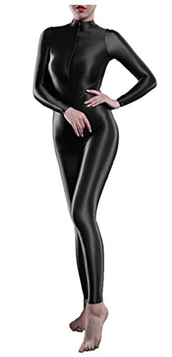 Yaaapiy Damen-Yoga-Bodystocking mit durchsichtigem Glanz, für Yoga, Bewegung, Dessous, hauteng, elastisch, hoher Halsausschnitt, lange Ärmel, Reißverschluss, Schritt-Body, Catsuit, Schwarz , M von Yaaapiy