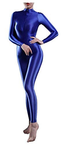 Yaaapiy Damen Yoga Sheer Glänzend Bodystocking Yoga Bewegung Dessous Haut Eng Elastisch Hoher Hals Langarm Reißverschluss Schritt Bodysuit Catsuit, blau, M von Yaaapiy