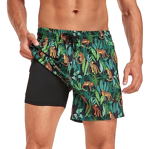 Yaavii Badehose Herren mit Kompression Badeshorts 2 in 1 Schnelltrocknend Druck Surfen Strandhose Männer mit Reißverschlusstaschen Grün Leopard XXL von Yaavii