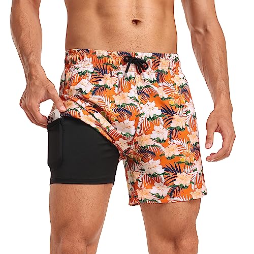 Yaavii Badehose Herren mit Kompression Badeshorts 2 in 1 Schnelltrocknend Druck Surfen Strandhose Männer mit Reißverschlusstaschen Orange Blumen M von Yaavii