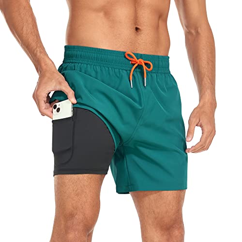 Yaavii Badehose für Herren, Sport, schnelltrocknend, 2-in-1, Kompressions-Futter, eine Tasche mit Reißverschluss und Innentasche, dunkelgrün, XL von Yaavii