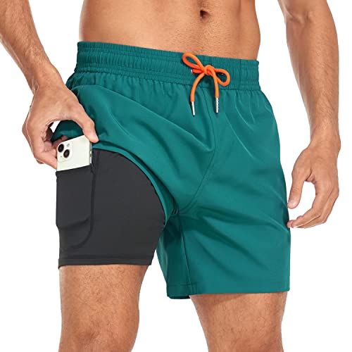 Yaavii Badeshorts Herren Badehose mit Kompression Liner 2 in 1 Schnelltrocknend Strandhose Männer Boardshorts mit Reißverschlusstaschen Grün XL von Yaavii