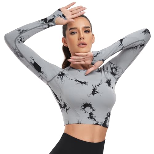 Yaavii Bauchfreies Oberteil Damen Langarm Sport Gym T-Shirts Tie-Dye Crop Top Grau L von Yaavii