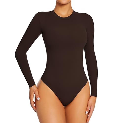 Yaavii Body Damen Langarm Shaping Bodysuit mit Rundhals für Frauen Shapewear Tanga Kaffee M von Yaavii