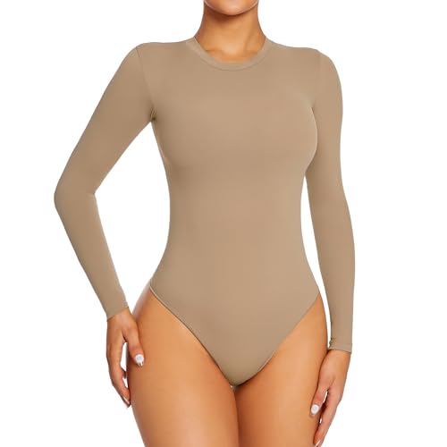 Yaavii Body Damen Langarm Shaping Bodysuit mit Rundhals für Frauen Shapewear Tanga Kamel M von Yaavii