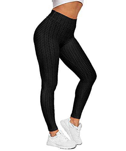 Yaavii Damen Honeycomb Leggings Hohe Taille Butt Lifting Hose Bubble Sporthose mit Sport Bauchkontrolle Gym Schwarz M von Yaavii