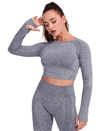 Yaavii Damen Sport Laufshirt Longsleeve T-Shirts Bauchfrei Langarm Crop Top Fitness Oberteile Grau L von Yaavii