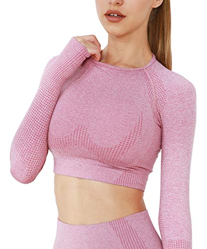 Yaavii Damen Sport Laufshirt Longsleeve T-Shirts Bauchfrei Langarm Crop Top Fitness Oberteile Rosa S von Yaavii