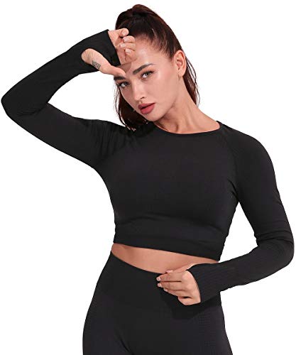 Yaavii Damen Sport Laufshirt Longsleeve T-Shirts Bauchfrei Langarm Crop Top Fitness Oberteile Schwarz L von Yaavii