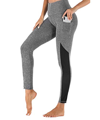 Yaavii Damen Sport Leggings mit Taschen Blickdicht Lange Sporthose Hohe Taille Yoga Hose mit Mesh-Einsätzen für Workout Gym Grau L von Yaavii