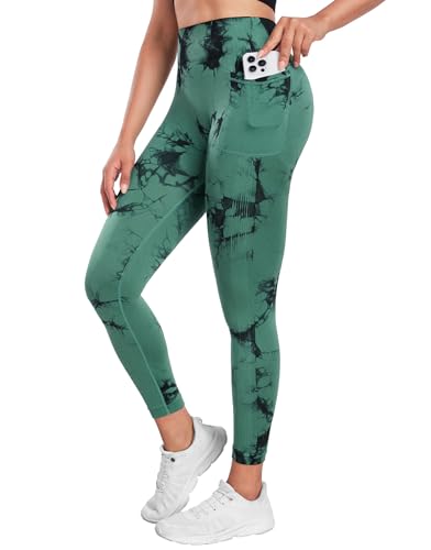 Yaavii Gym Leggings Damen mit Eine Tasche Scrunch Butt Push Up Booty Hose für Yoga Fitness Workout Tie Dye Grün M von Yaavii