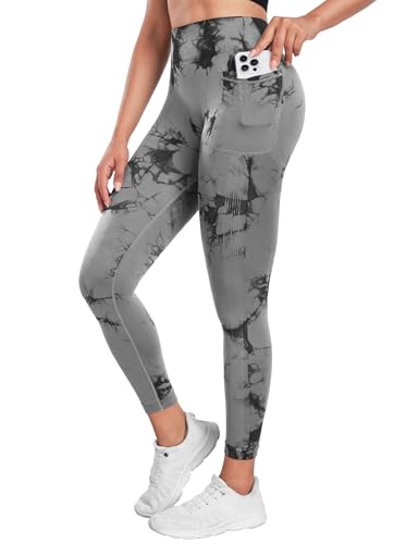 Yaavii Gym Leggings Damen mit Eine Tasche Scrunch Butt Push Up Booty Hose für Yoga Fitness Workout Tie Dye Hellgrau M von Yaavii