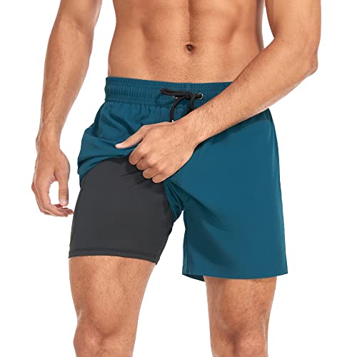 Yaavii Herren-Badehose mit Kompressionsfutter, schnell trocknend, Strand-Shorts, solide Boardshorts mit Reißverschlusstasche, Ya0072-dunkelblau, L von Yaavii