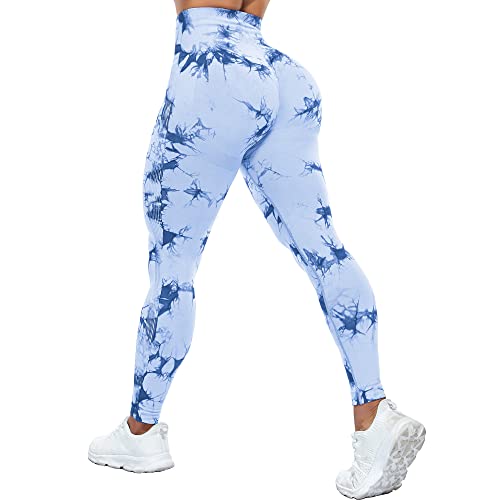 Yaavii Nahtlose Leggings mit Batikfärbung für Damen, hohe Taille, Workout, Fitnessstudio, Yoga, Hose, Bauchkontrolle, Po, Lifting, Scrunch Booty Leggings, Hellblaue Batikfärbung, M von Yaavii