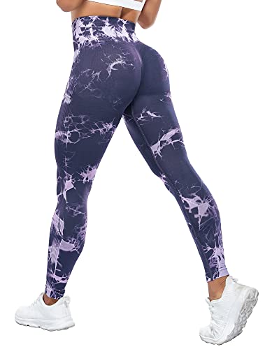 Yaavii Scrunch Butt Leggings Damen High Waist Push Up Booty Hose für Yoga Fitness Gym Workout Tie Dye Lila Blau L von Yaavii