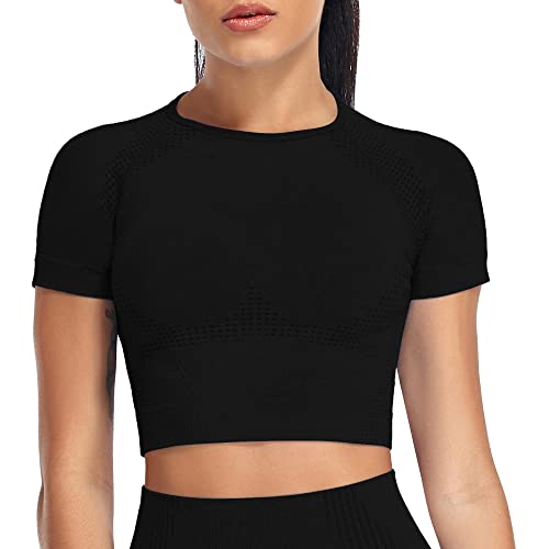 Yaavii Sport Oberteile Damen Kurzarm Gym T-Shirts Bauchfrei Crop Top Fitness Schwarz S von Yaavii