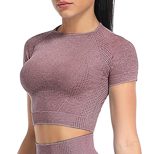 Yaavii Sport Oberteile Damen Kurzarm Gym T-Shirts Bauchfrei Crop Top Fitness Weinrot S von Yaavii