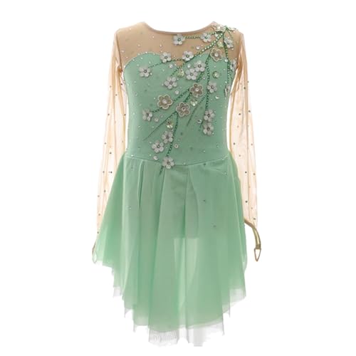 Yaaxinb Eiskunstlauf Kleid Damen Langarm Glänzende Strass Roller Gymnastik Trikot Ballettkleid mit Strass Lyrisch Tanzkleid Wettbewerb Tanzkostüm Ballettkleid Eisllaufkleid,Grün,3XL von Yaaxinb