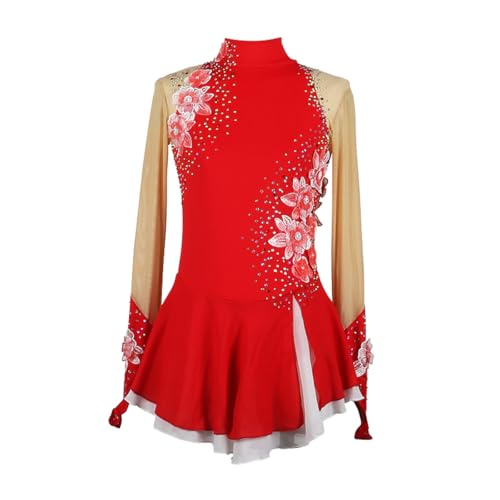 Yaaxinb Eiskunstlauf Kleid Mädchen Kürkleid Strass Gymnastik Leotard Ballerina Kleid Latein Tanzkleid Rollkunstlauf Wettbewerb Tanzanzug Eiskunstlauf Zubehör,Rot,L von Yaaxinb