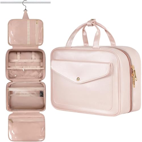 Reise-Kosmetiktasche, Kulturbeutel für Damen, mit Anhänger, wasserdicht, faltbar, mit Haken und mehreren Fächern, für Badezimmerartikel, Zubehör und Make-up, Rosa, 1 Stück Reise-Kosmetiktasche, Kulturbeutel für Damen, mit Anhänger, wasserdicht, faltbar, mit Haken und mehreren Fächern, für Badezimmerartikel, Zubehör und Make-up, Rosa, 1 Stück von Yabely