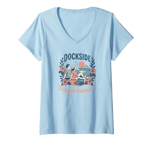 Damen Daydream-Jacht-Felsen-Bootstour am Hafen bei Sonnenuntergang im Retro-Look T-Shirt mit V-Ausschnitt Damen Daydream-Jacht-Felsen-Bootstour am Hafen bei Sonnenuntergang im Retro-Look T-Shirt mit V-Ausschnitt von Yacht Rock Smooth Seventies Rock