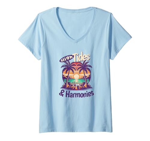 Damen High Tides and Harmonies Yacht Rock Sunset Tropical Lounge T-Shirt mit V-Ausschnitt Damen High Tides and Harmonies Yacht Rock Sunset Tropical Lounge T-Shirt mit V-Ausschnitt von Yacht Rock Smooth Seventies Rock