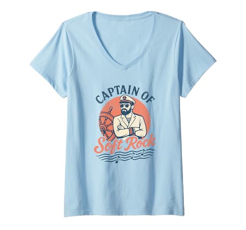 Damen Kapitän von Soft Rock, Retro-Jacht, Rock-Musik, Vibes T-Shirt mit V-Ausschnitt Damen Kapitän von Soft Rock, Retro-Jacht, Rock-Musik, Vibes T-Shirt mit V-Ausschnitt von Yacht Rock Smooth Seventies Rock