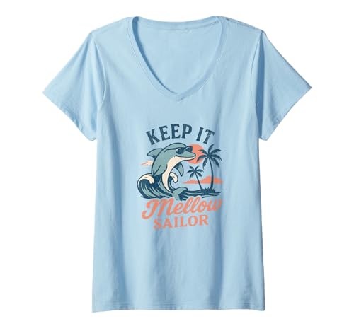 Damen Keep It Mellow Sailor Yacht Rock Dolphin Tropischer Sonnenuntergang T-Shirt mit V-Ausschnitt Damen Keep It Mellow Sailor Yacht Rock Dolphin Tropischer Sonnenuntergang T-Shirt mit V-Ausschnitt von Yacht Rock Smooth Seventies Rock