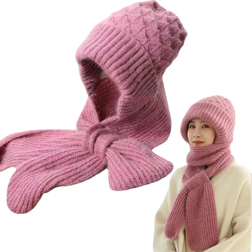 Yaclonq Verdickte Integrierter Gehörschutz Winddichte Mütze Schal,Warme 2 in 1 Maskenschal Strickmütze,Winter Verdickter Warmer Strickmütze Kapuzenschal,Mützenschal Damen(Rosa) von Yaclonq