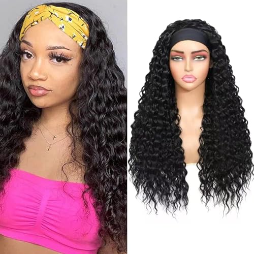 Yacurcur Curly Kopfband Perücke Lose Wasser Welle Kopfband Perücken Keine Spitze Perücke Glueless für Frauen synthetische 150% Dichte natürliche Farbe 24 Zoll (1B) von Yacurcur