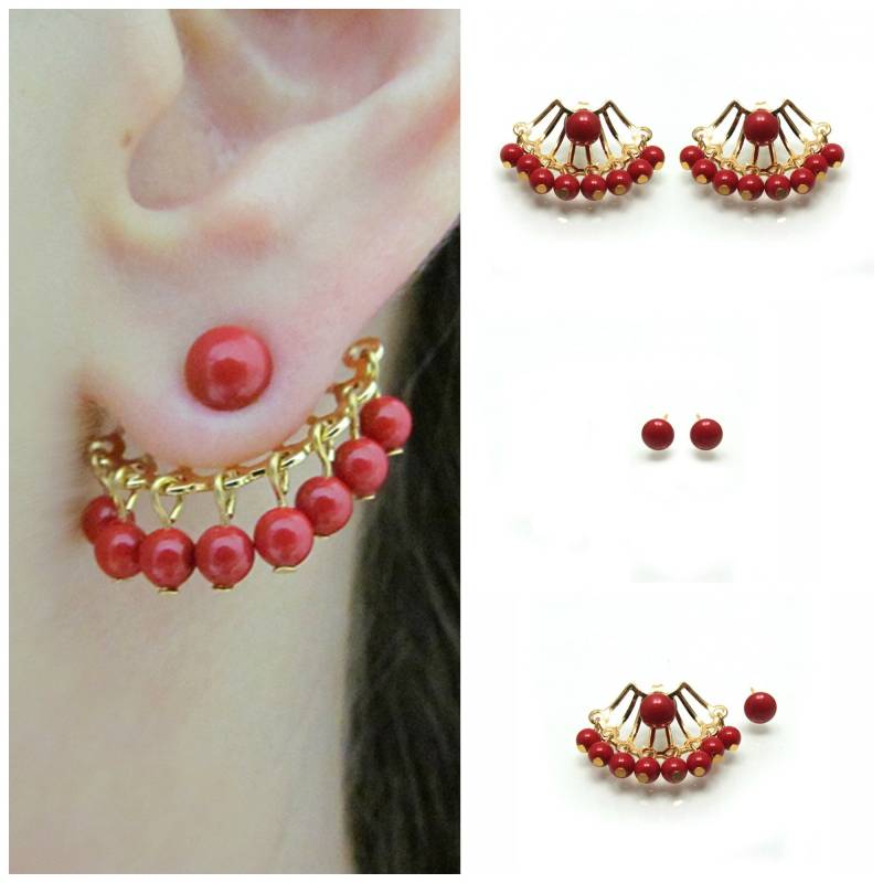 Red Pearl Ear Jacket Ohrring, Coral Red Front Back Brautjungfer Geschenk Schmuck-Ideen von YaelBelDesigns