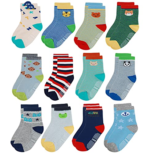 Yafane 12 Paar Baby Socken Antirutsch Anti-Rutsch Neugeborenes Kinder Kleinkinder Babysocken für 0-7 Jahre Baby Jungen und Mädchen (Grün-Grau, 3-5 Jahre) von Yafane