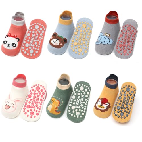 Yafane 6 Paar Baby Kleinkinder ABS Rutschfeste Socken Sneaker Socken Tiermotive Baumwolle Jungen Mädchen Kleinkind Antirutschsocken (1-3 Jahre, Mehrfarbig B) von Yafane