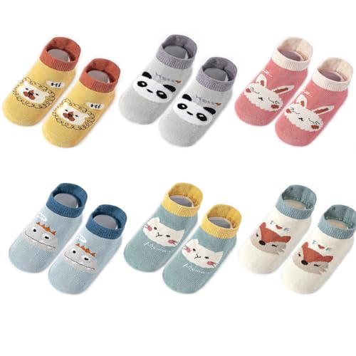 Yafane 6 Paar Baby Kleinkinder ABS Rutschfeste Socken Sneaker Socken Tiermotive Baumwolle Jungen Mädchen Kleinkind Antirutschsocken (1-3 Jahre, Mehrfarbig C) von Yafane