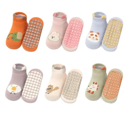 Yafane 6 Paar Baby Kleinkinder ABS Rutschfeste Socken Sneaker Socken Tiermotive Baumwolle Jungen Mädchen Kleinkind Antirutschsocken (1-3 Jahre, Mehrfarbig D) von Yafane