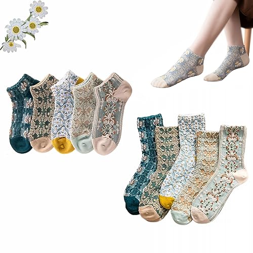 Yagerod Damen Vintage GepräGte Baumwollsocken, Vintage Bestickte Blumensocken, Damen Blumensocken Aus Baumwolle (10Pcs) von Yagerod