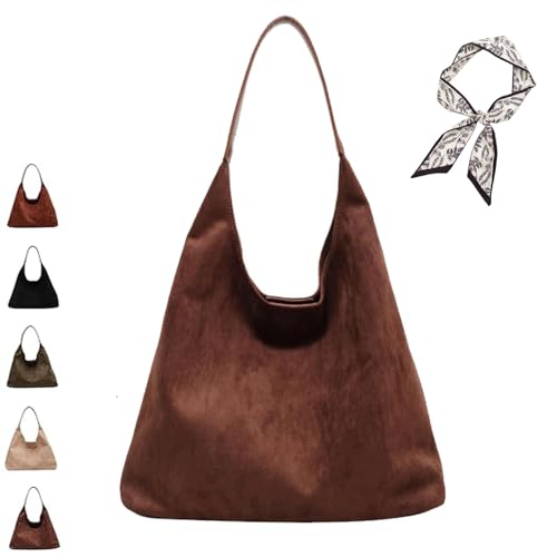 Yagerod Wildlederhandtasche, Hobo-Tasche, Wildledertasche für Damen, Retro-Wildleder-Einkaufstasche, braune Lederhandtasche, Umhängetasche, lässige Wildleder-Einkaufstasche für Damen (Braun) von Yagerod