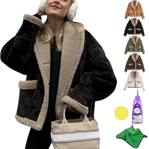 Yagerod Women's Winter Casual Faux Suede Leather Jacket, Button Down Fuzzy Lined Jacket, Coat Stylish Cardigans Women (Black,L) von Yagerod