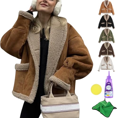 Yagerod Women's Winter Casual Faux Suede Leather Jacket, Button Down Fuzzy Lined Jacket, Coat Stylish Cardigans Women (Brown,M) von Yagerod