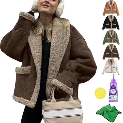 Yagerod Women's Winter Casual Faux Suede Leather Jacket, Button Down Fuzzy Lined Jacket, Coat Stylish Cardigans Women (Coffee,L) von Yagerod