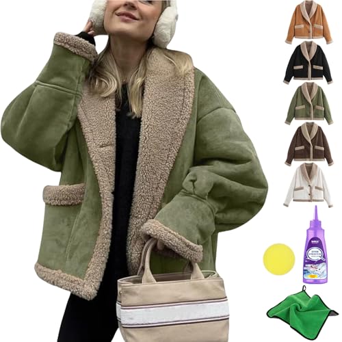 Yagerod Women's Winter Casual Faux Suede Leather Jacket, Button Down Fuzzy Lined Jacket, Coat Stylish Cardigans Women (Green,M) von Yagerod
